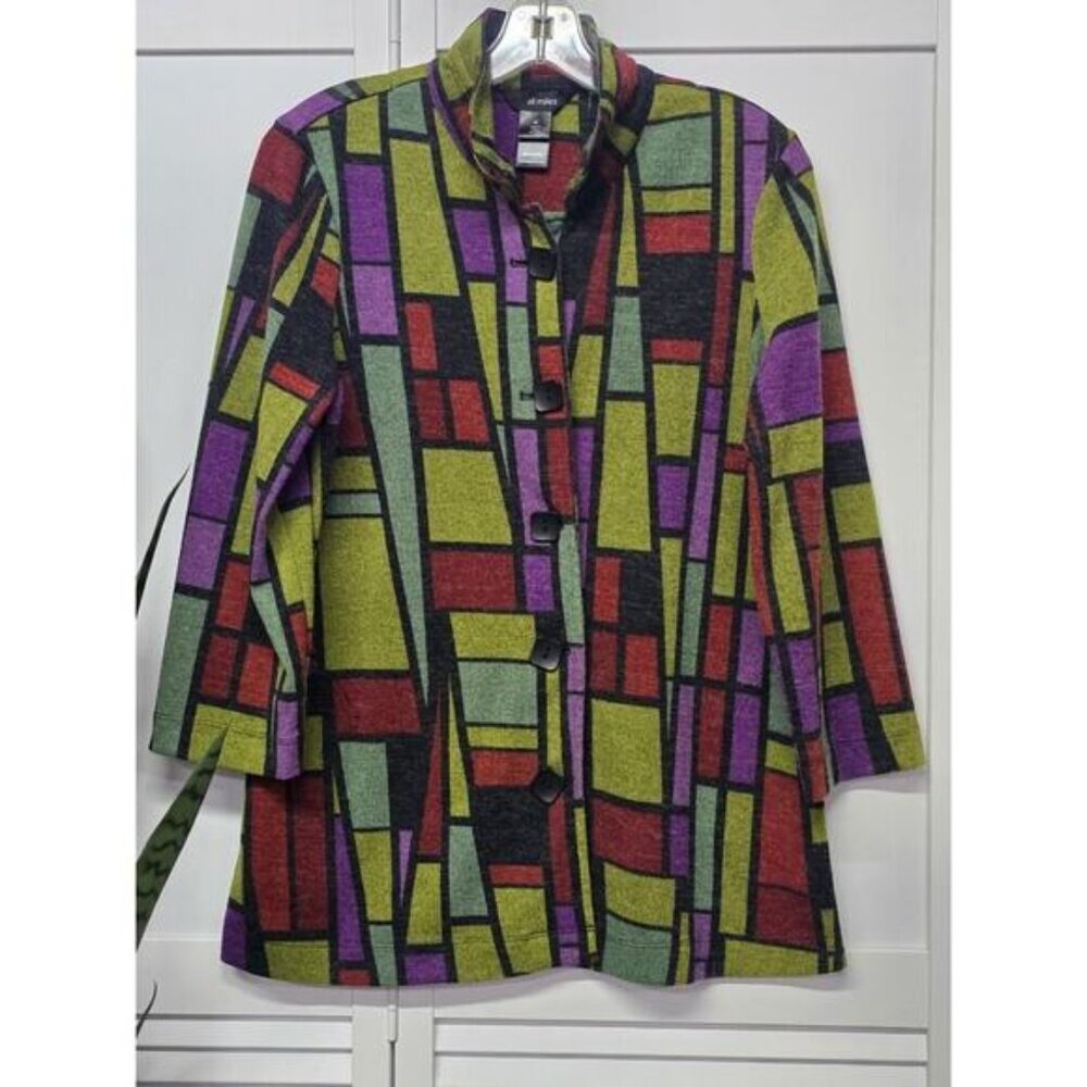 ALI MILES Jacket Blazer Swing 3/4 Sleeve Geometric Print Artsy Button Front Med.